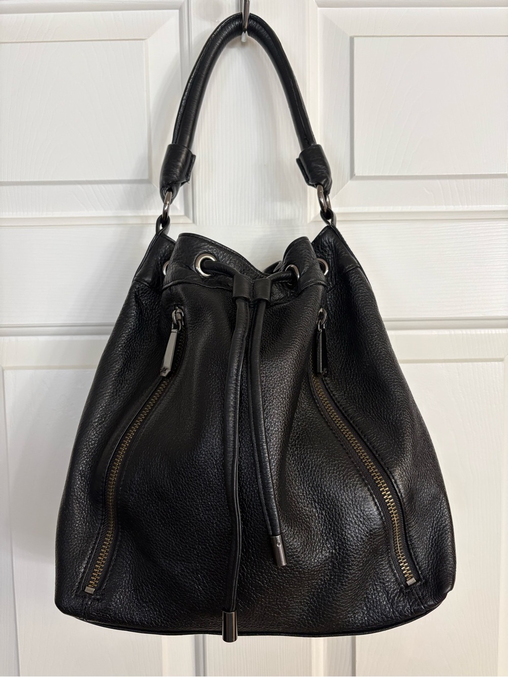 Kenneth Cole New York “No Slouch” Black Pebbled Leather Drawstring Hobo